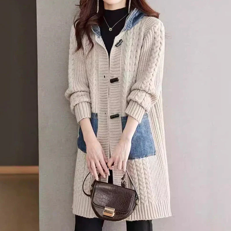 Button Detail Patchwork Knit Sweater Coat