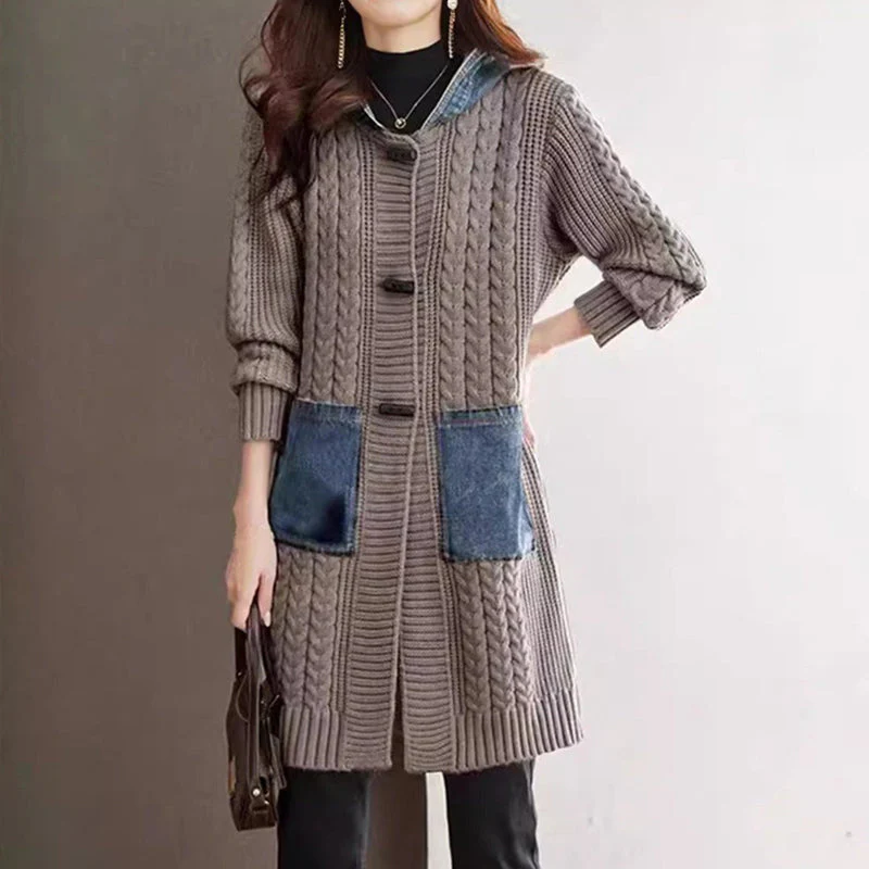Button Detail Patchwork Knit Sweater Coat - Image 4