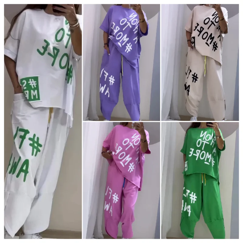 📢📢🌸Nouveautés du début de l'été🫧💞Costume deux pièces décontracté avec motif et encolure ronde(🔥60 % de réduction)