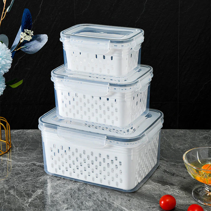 🏡⚡ Vente Flash 50% de réduction 🍇 Set de conteneur de stockage de fruits 3PCS pour réfrigérateur avec colander amovible - Image 3
