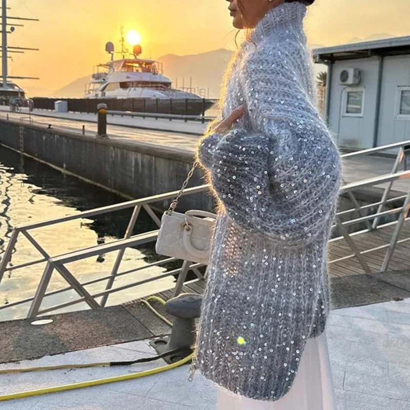 ❄️Rabais saisonnier 62%❄️Knitted Sweater Jacket With Monochromatic Sequins - Image 11
