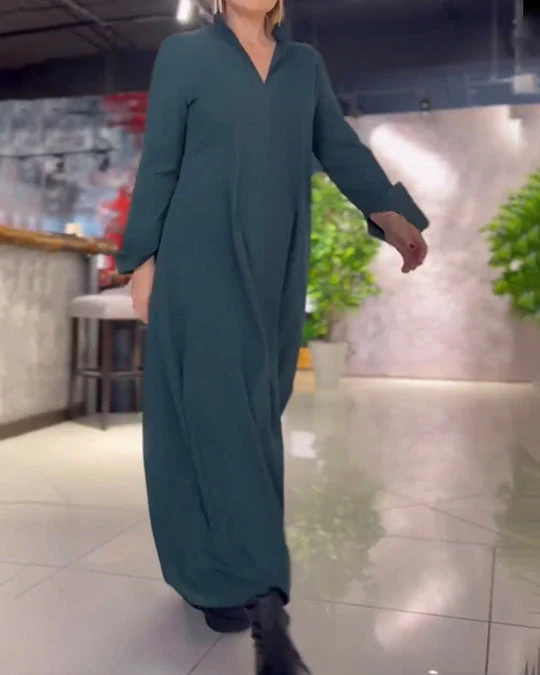 đ„Vente chaude 2024 49% de rĂ©ductionđ„Robe ample dĂ©contractĂ©e Ă manches longues et col en V de couleur unie - Image 2