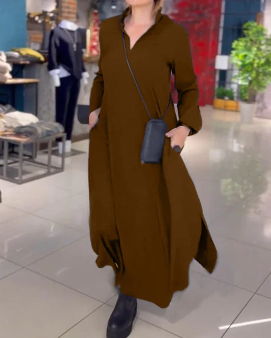 đ„Vente chaude 2024 49% de rĂ©ductionđ„Robe ample dĂ©contractĂ©e Ă manches longues et col en V de couleur unie - Image 3