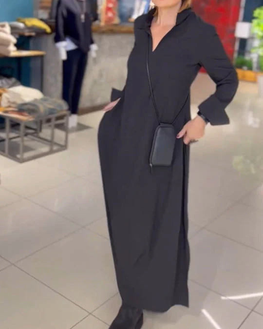 đ„Vente chaude 2024 49% de rĂ©ductionđ„Robe ample dĂ©contractĂ©e Ă manches longues et col en V de couleur unie - Image 7
