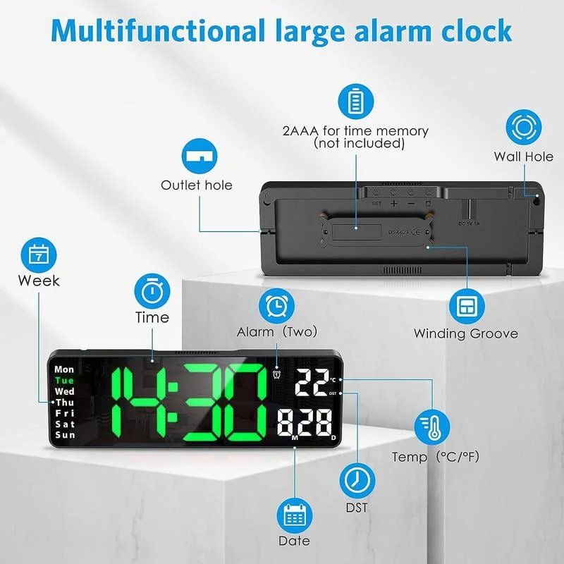 🏡59% de réduction⚡Grande horloge numérique avec température, date, heure d'été automatique, lumière de nuit, Dimmer de luminosité automatique - Image 7