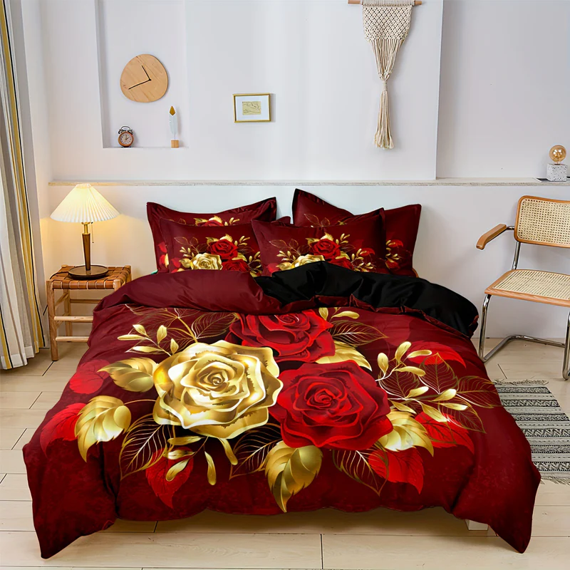 📢📢55 % DE RÉDUCTION !!! ✨Ensemble de housse de couette fleurie dorée de luxe