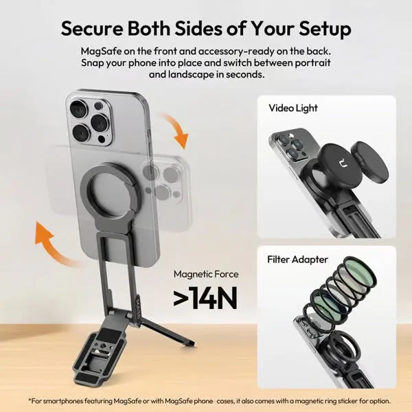 📢📢50 % de réduction !! ⏰Support magnétique pour téléphone, MA38 Support portable pour téléphone Mini trépied pour Magsafe avec aimant puissant double face Trou de positionnement Arri 1/4'' Crochet rabattable - Image 3