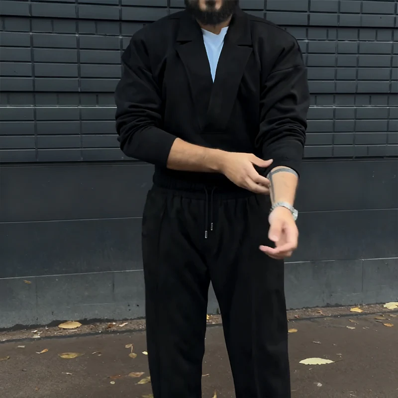 Men's Casual Lapel Top & Drawstring Pants Set - Image 2