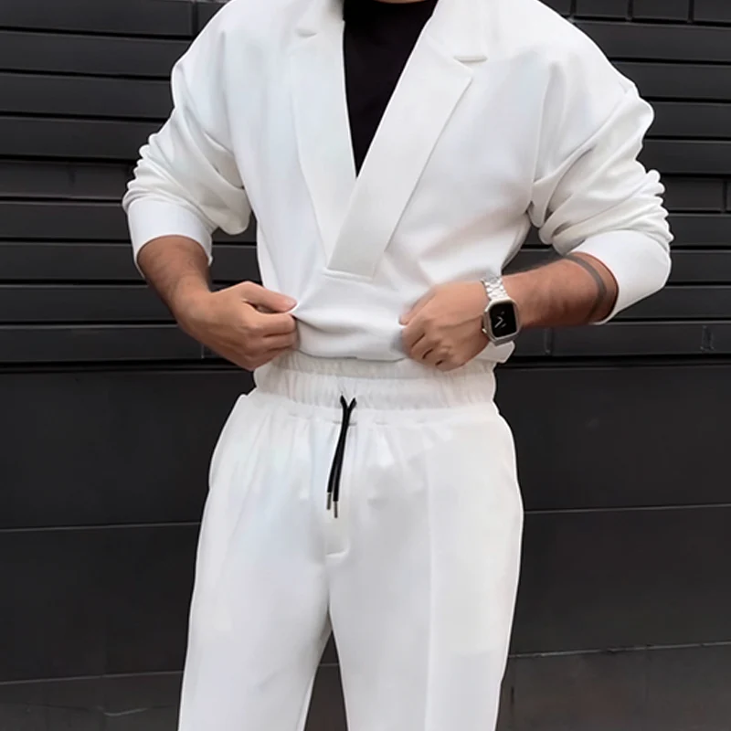 Men's Casual Lapel Top & Drawstring Pants Set - Image 3