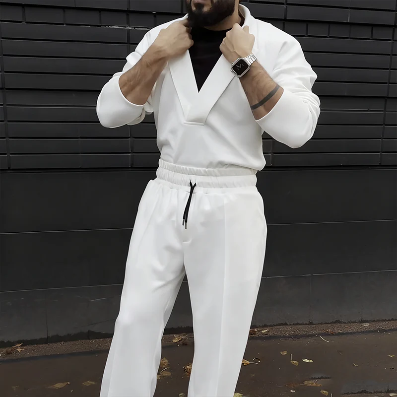 Men's Casual Lapel Top & Drawstring Pants Set - Image 4