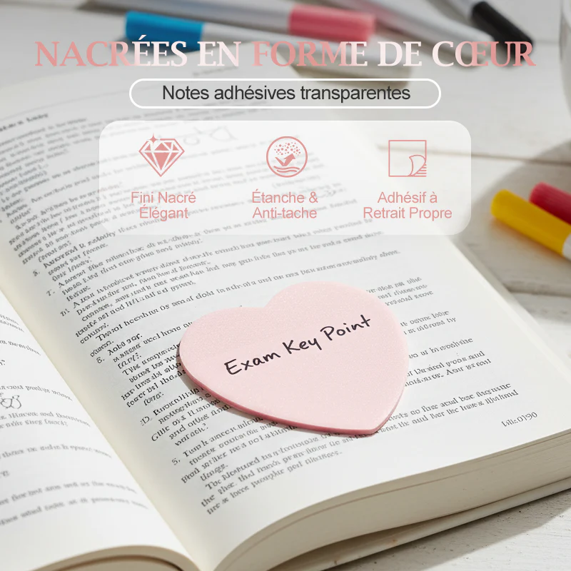 Notes adhésives transparentes nacrées en forme de cœur