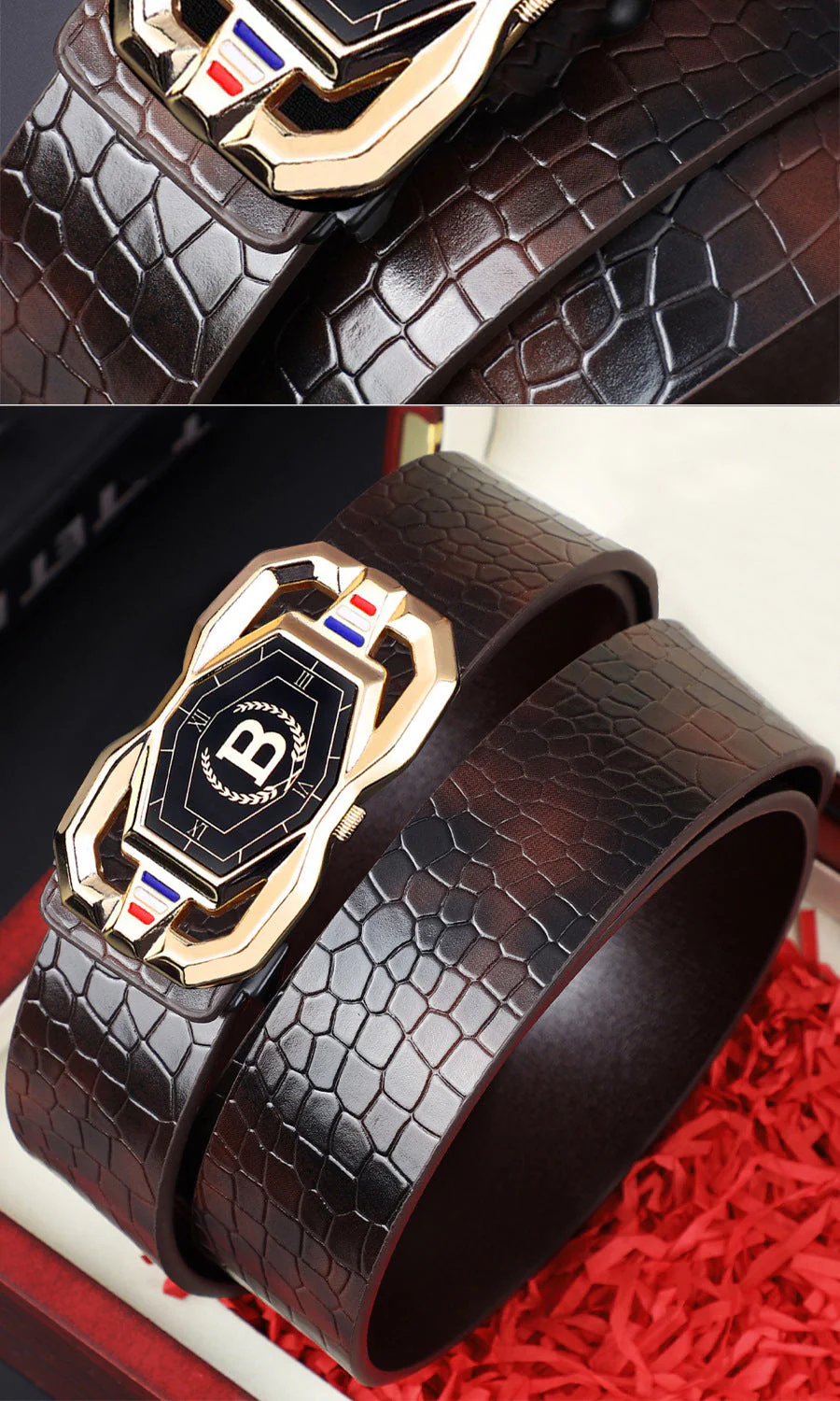 📢📢50 % DE RÉDUCTION !! ⏰🐊Ceinture en cuir pour homme avec motif crocodile raffiné, boucle automatique et fabriquée en cuir de vachette. - Image 6