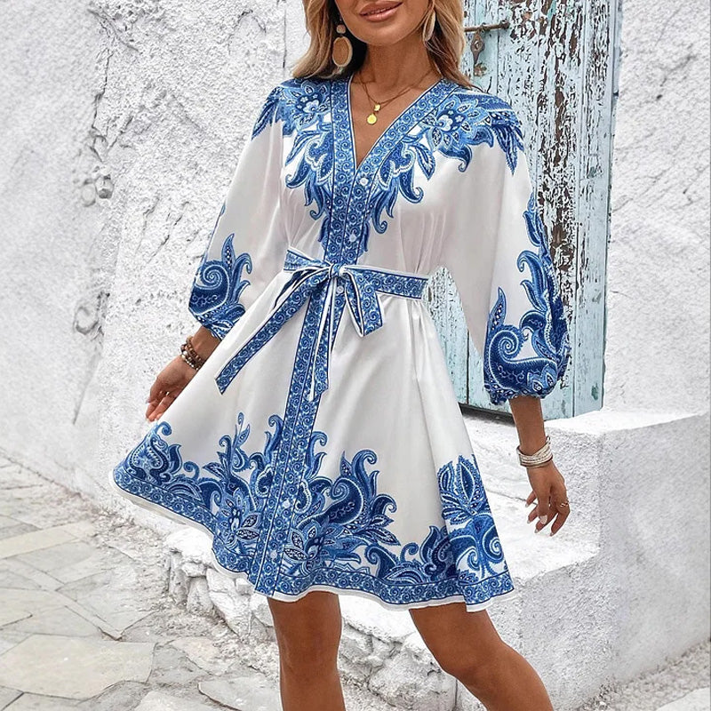 🌞🌸2025 ventes chaudes&Réduction limitée de 69% en été👱♀️Robe imprimée à col en V et ceinture nouée pour femme - Image 2