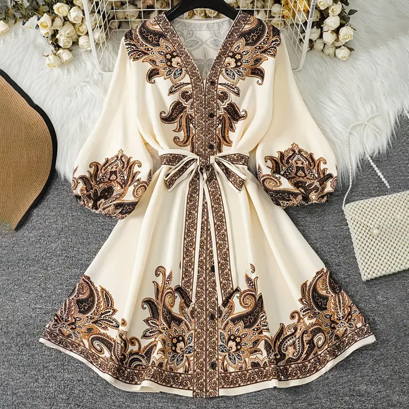 🌞🌸2025 ventes chaudes&Réduction limitée de 69% en été👱♀️Robe imprimée à col en V et ceinture nouée pour femme - Image 7