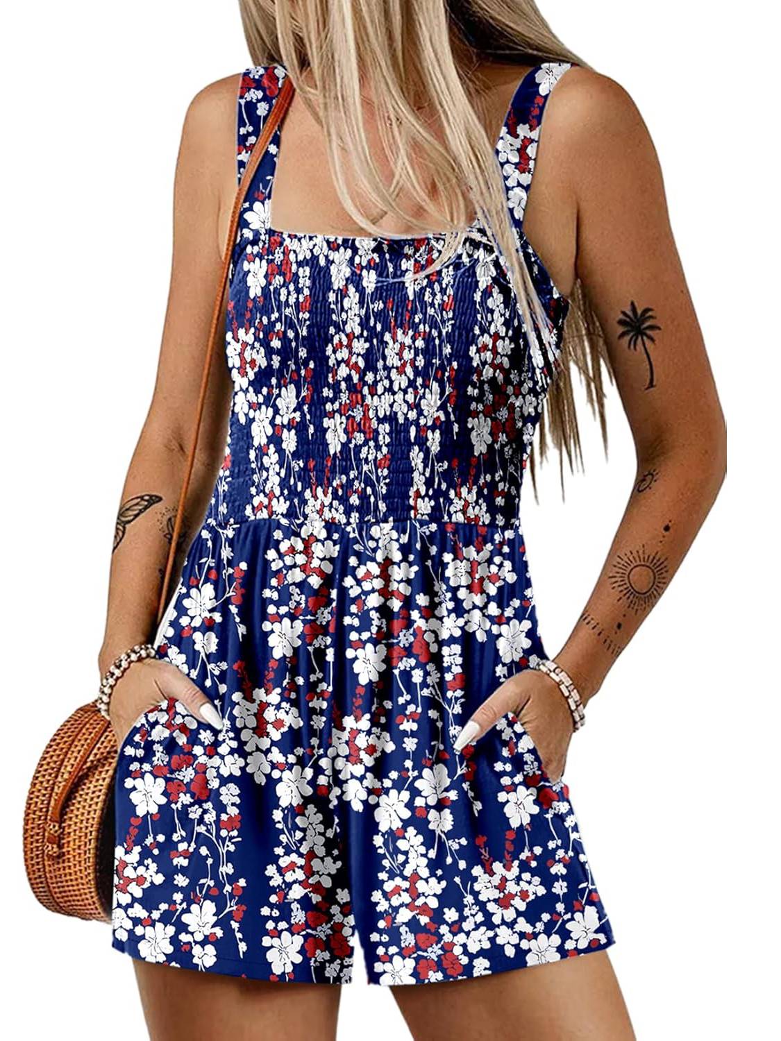 📢⏰Vente chaude 69% de réduction💃 Summer Summer Square Neck Sleeveless Loose Casual Short Smocked Romper - Image 13