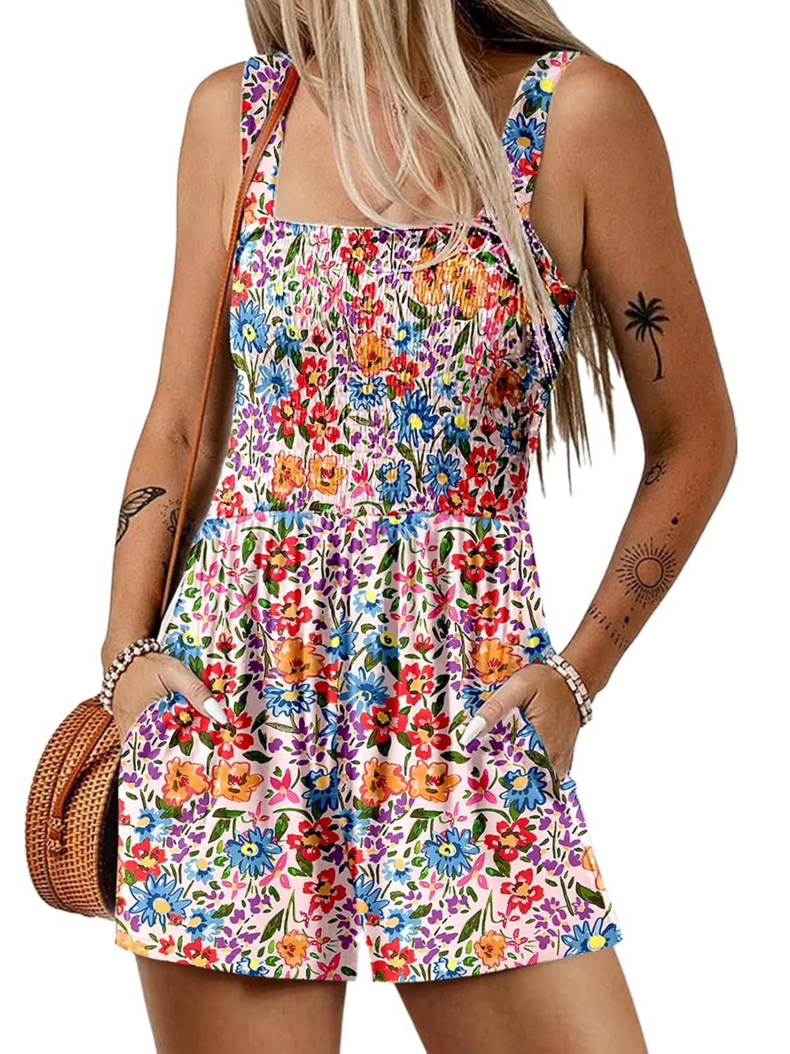 📢⏰Vente chaude 69% de réduction💃 Summer Summer Square Neck Sleeveless Loose Casual Short Smocked Romper - Image 14