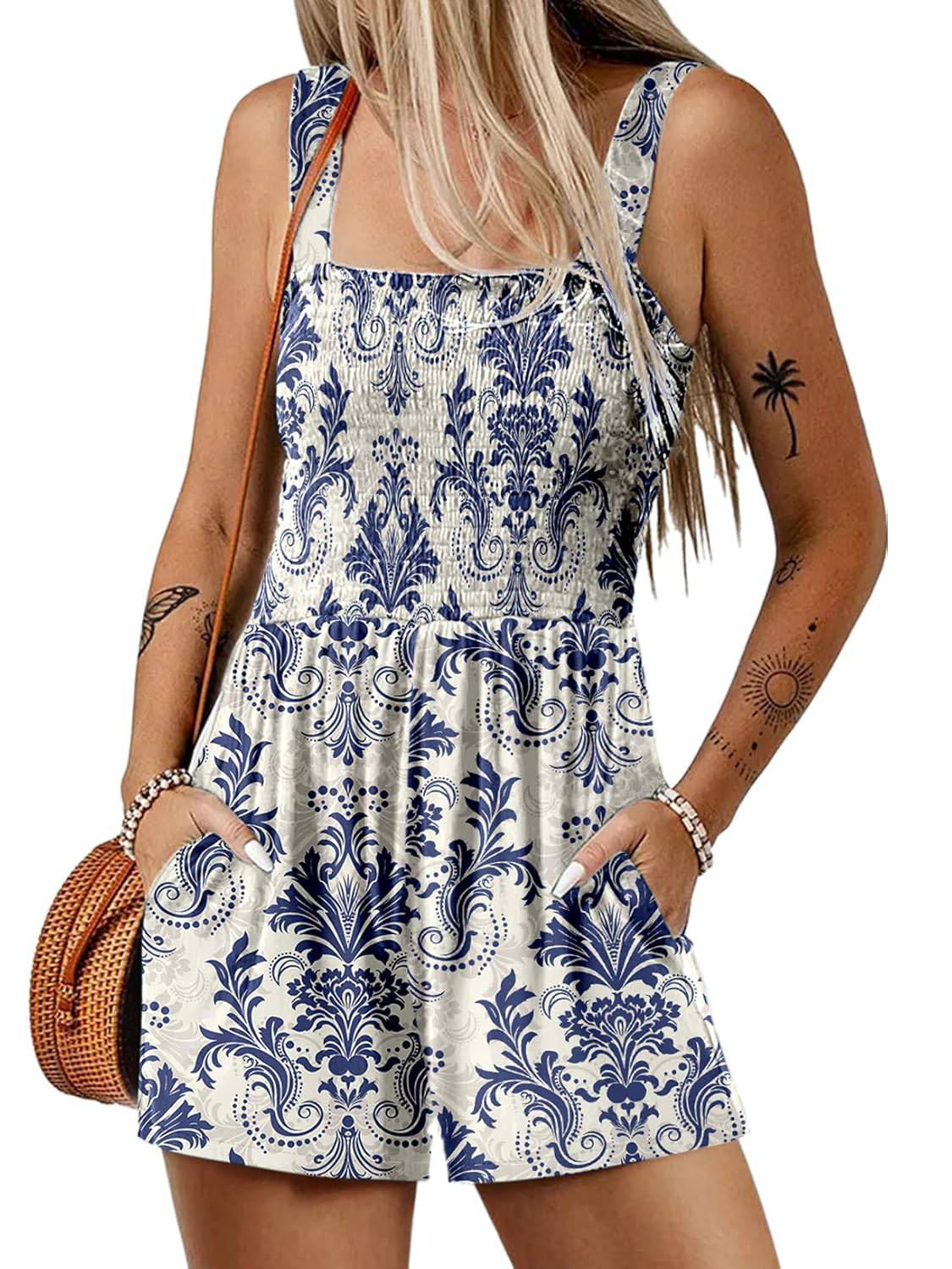 📢⏰Vente chaude 69% de réduction💃 Summer Summer Square Neck Sleeveless Loose Casual Short Smocked Romper - Image 15