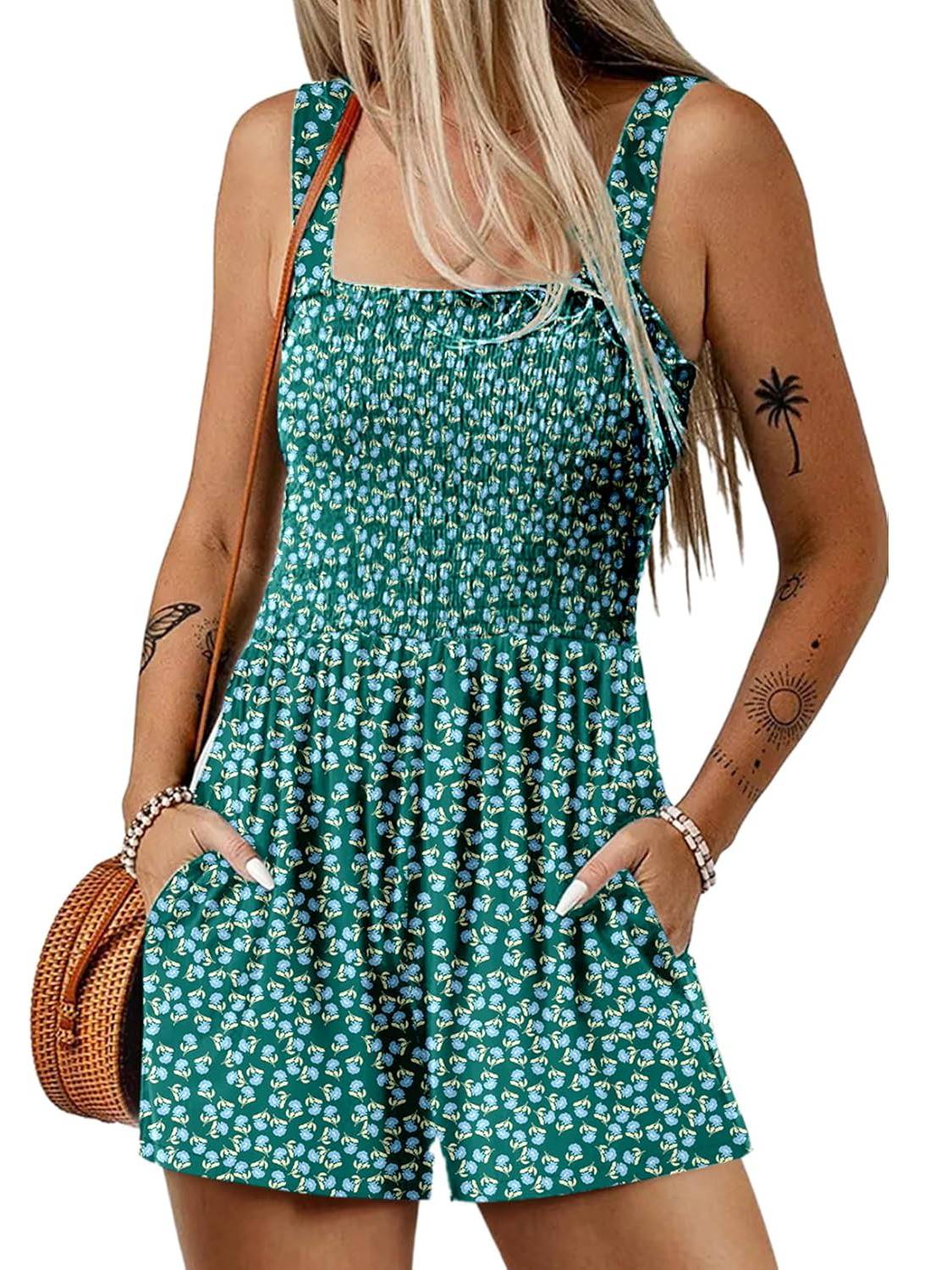 📢⏰Vente chaude 69% de réduction💃 Summer Summer Square Neck Sleeveless Loose Casual Short Smocked Romper - Image 3