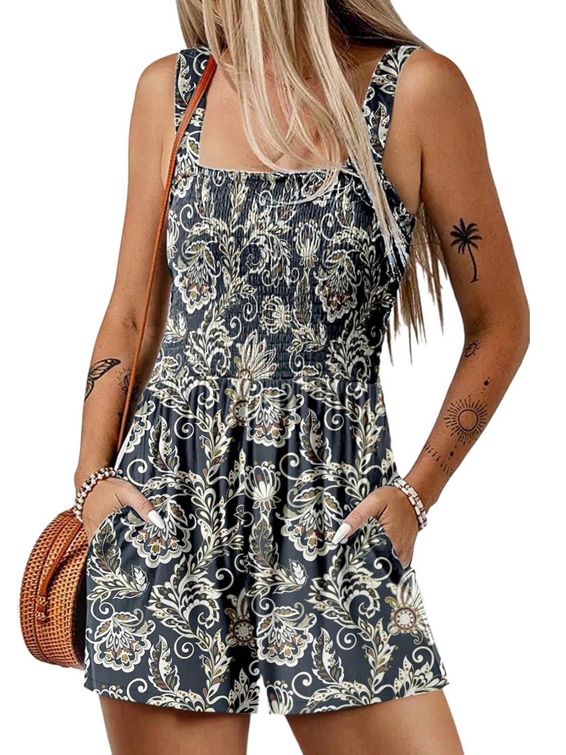 📢⏰Vente chaude 69% de réduction💃 Summer Summer Square Neck Sleeveless Loose Casual Short Smocked Romper - Image 4