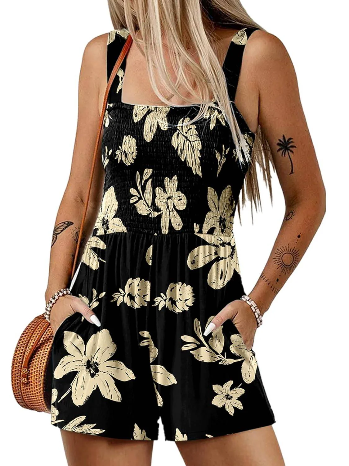 📢⏰Vente chaude 69% de réduction💃 Summer Summer Square Neck Sleeveless Loose Casual Short Smocked Romper - Image 5