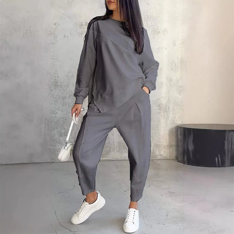 📢📢60 % de réduction !! ⏰ Ensemble Sweat-Shirt & Pantalon Femme – Coupe Décontractée, Ourlet Irrégulier & Tissu Doux pour un Confort Optimal 🍂 - Image 4