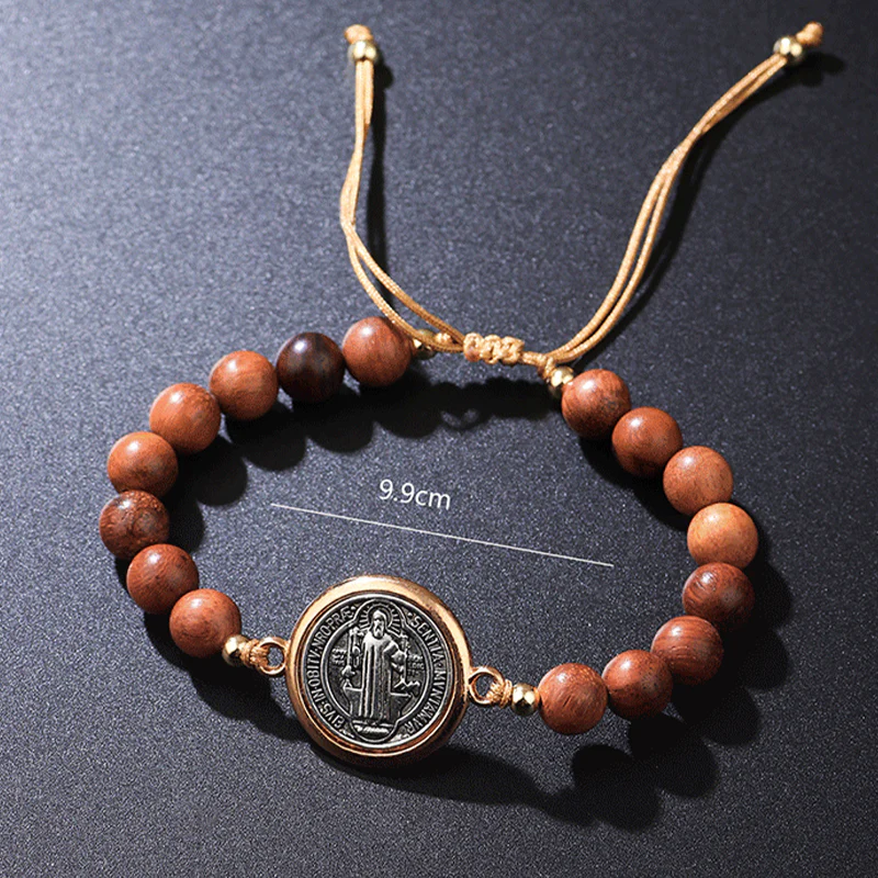 📢📢50 % de réduction !! ⏰🛡️Le compagnon d'un gardien✨Bracelet Saint-Benoît en perles de bois naturel🎁Ajustable, convient aux hommes et aux femmes - Image 6