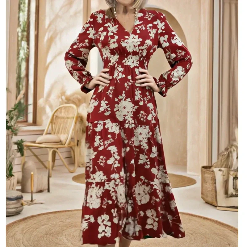 📢📢60 % de réduction !! ⏰Robe longue à volants imprimée florale, col en V, taille cintrée et manches longue