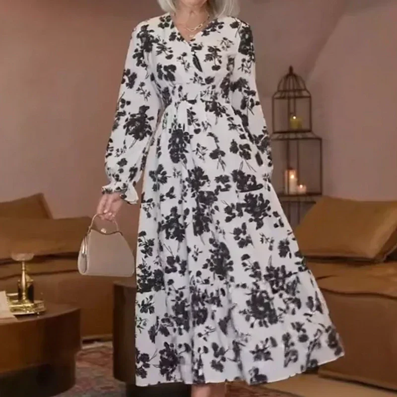 📢📢60 % de réduction !! ⏰Robe longue à volants imprimée florale, col en V, taille cintrée et manches longue - Image 2