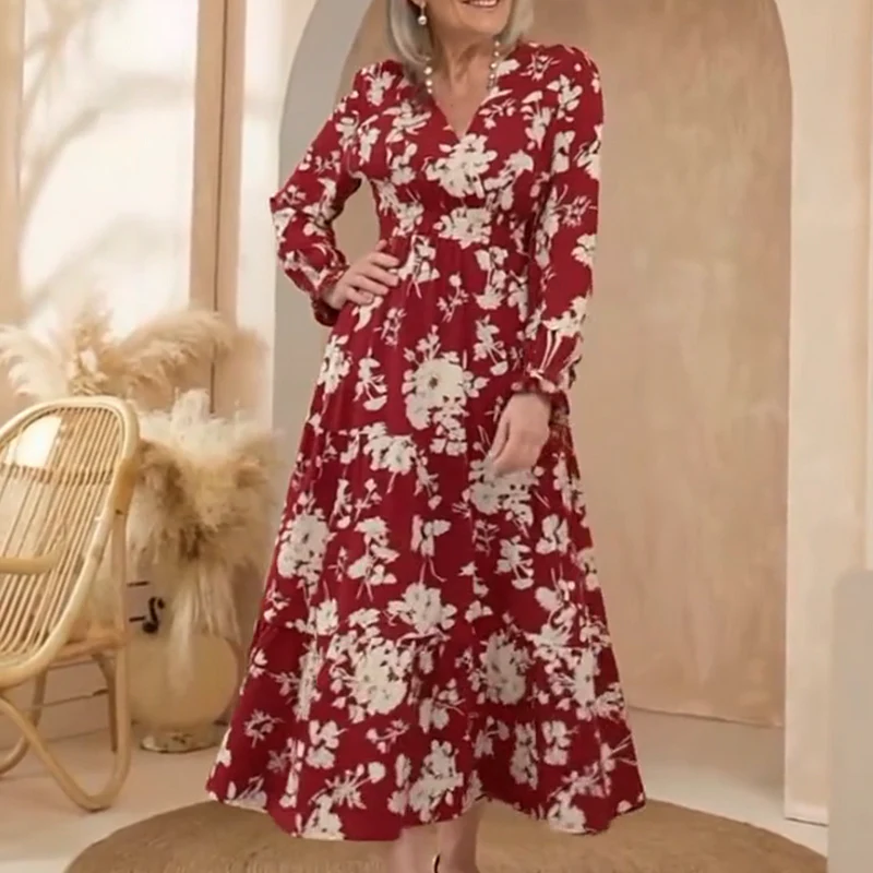 📢📢60 % de réduction !! ⏰Robe longue à volants imprimée florale, col en V, taille cintrée et manches longue - Image 3