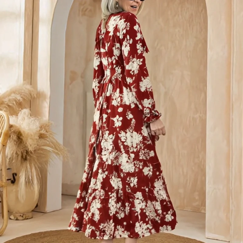 📢📢60 % de réduction !! ⏰Robe longue à volants imprimée florale, col en V, taille cintrée et manches longue - Image 6