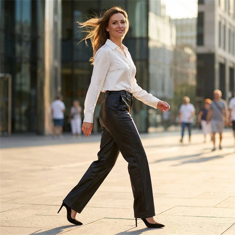 Versatile High-Waist Faux Leather Pants - Image 3