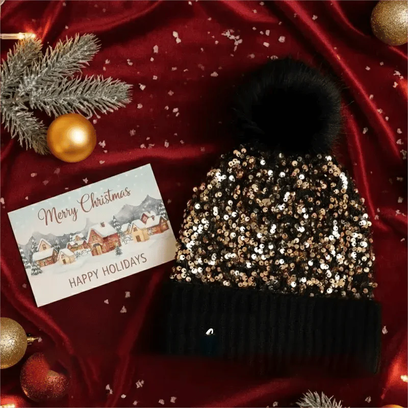 📢📢60 % de réduction !!!⏰Bonnet d'hiver à pompon et paillettes scintillantes - Image 2