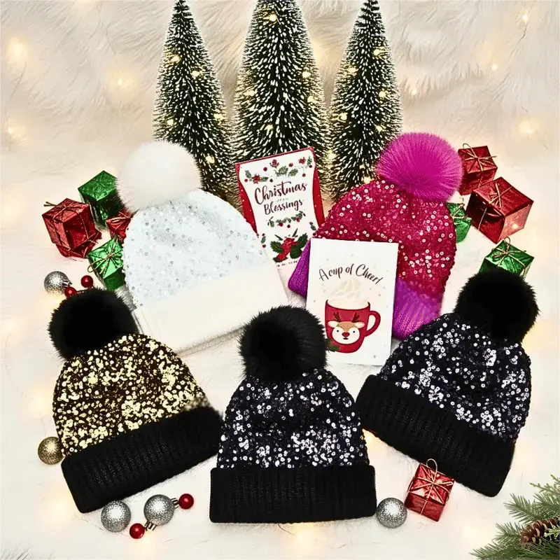 📢📢60 % de réduction !!!⏰Bonnet d'hiver à pompon et paillettes scintillantes - Image 3