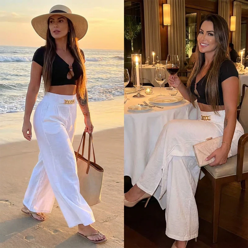 📢📢60 % de réduction !! ⏰Pantalon taille haute à jambes larges pour femme avec ceinture décorative