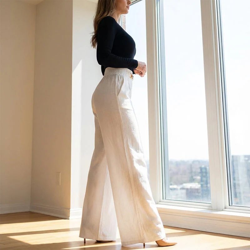 📢📢60 % de réduction !! ⏰Pantalon taille haute à jambes larges pour femme avec ceinture décorative - Image 2