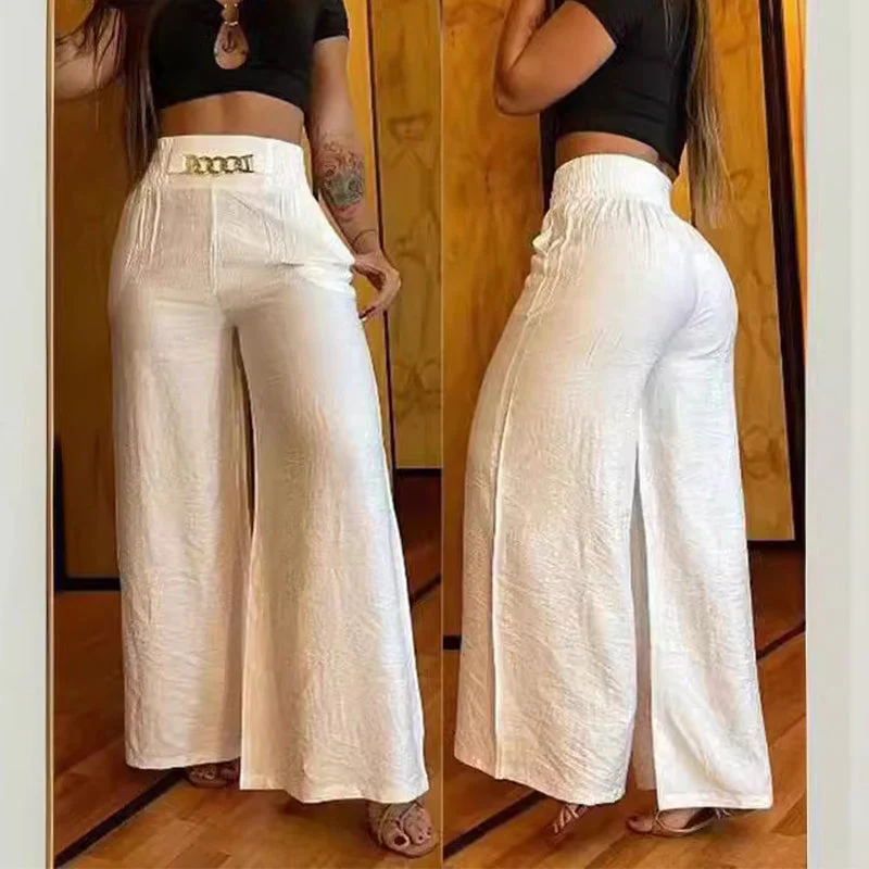 📢📢60 % de réduction !! ⏰Pantalon taille haute à jambes larges pour femme avec ceinture décorative - Image 5