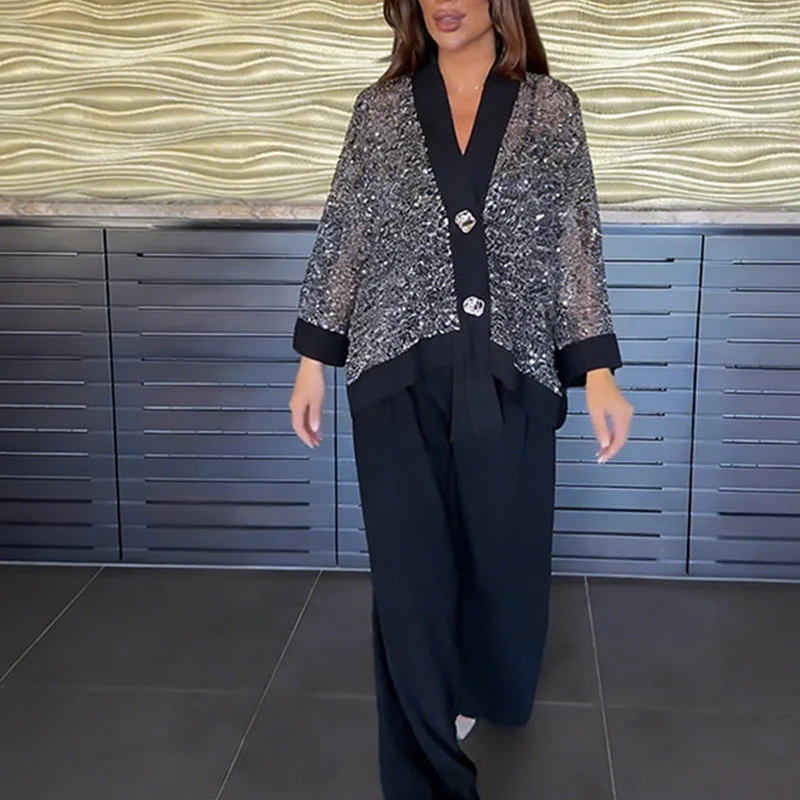 📢📢60% DE RÉDUCTION ! ✨Ensemble 2 pièces pour femme comprenant un cardigan à col en V et à paillettes et un pantalon à jambes larges - Image 2