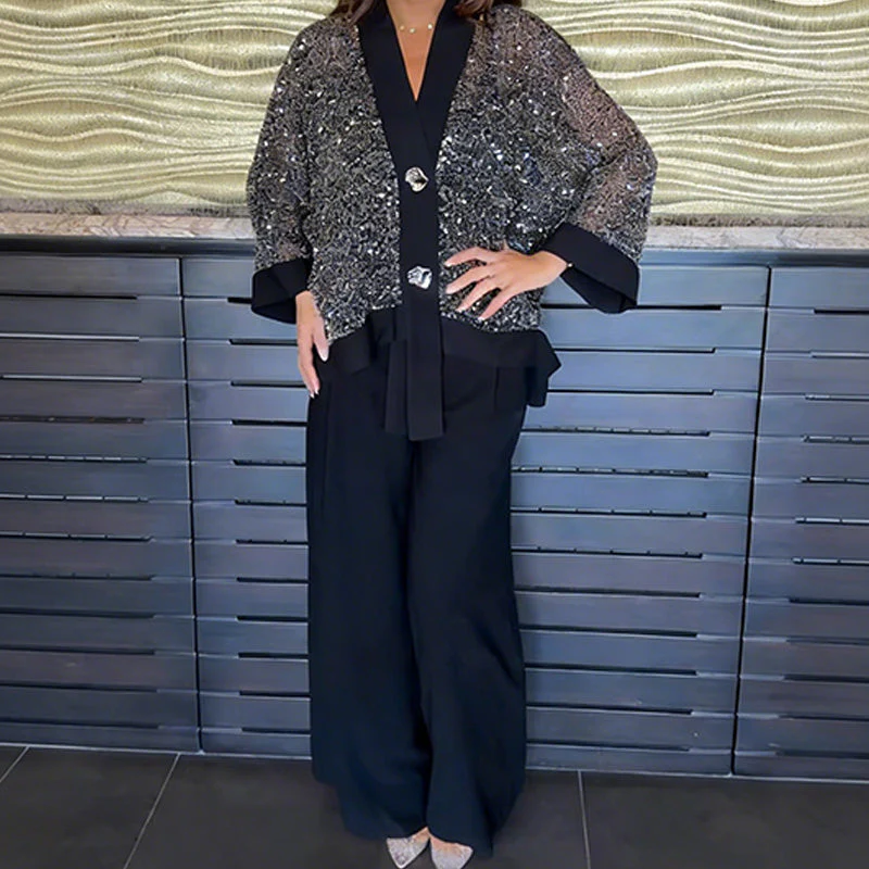 📢📢60% DE RÉDUCTION ! ✨Ensemble 2 pièces pour femme comprenant un cardigan à col en V et à paillettes et un pantalon à jambes larges - Image 6