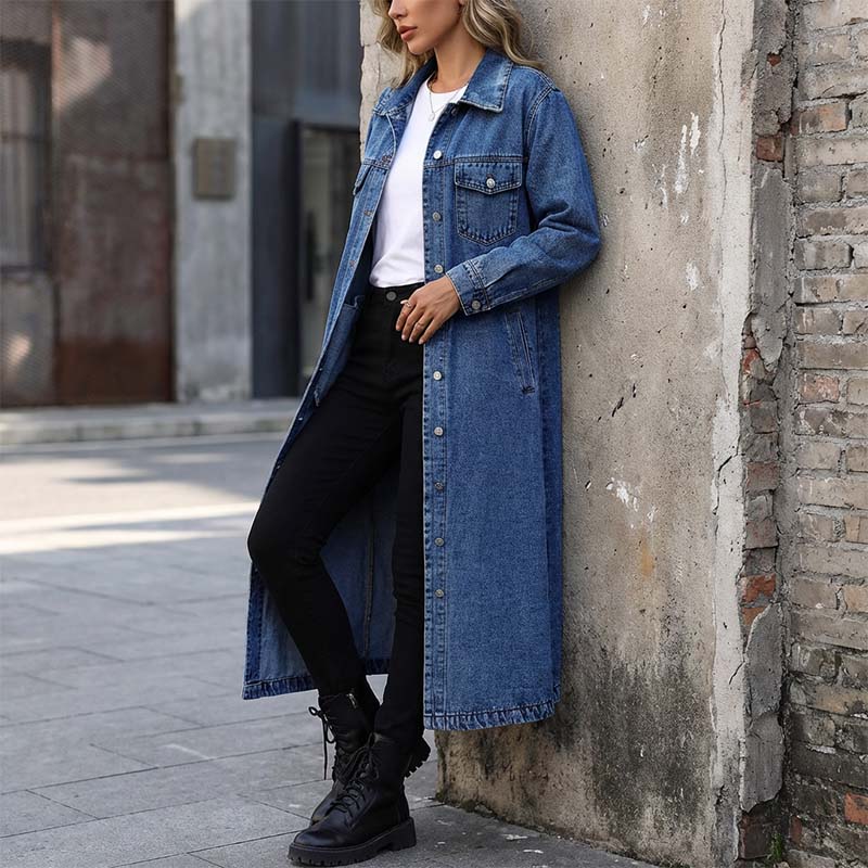 📢📢60 % de réduction !!⏰LIVRAISON GRATUITE⏰Manteau long en denim boutonné pour femme - Image 6