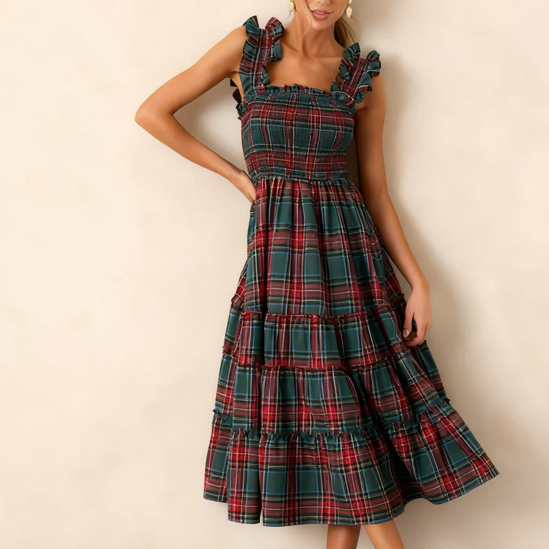 📢📢60% DE RÉDUCTION !!! ✨Robe chic à volants et bretelles spaghetti à carreaux pour femmes - Image 13