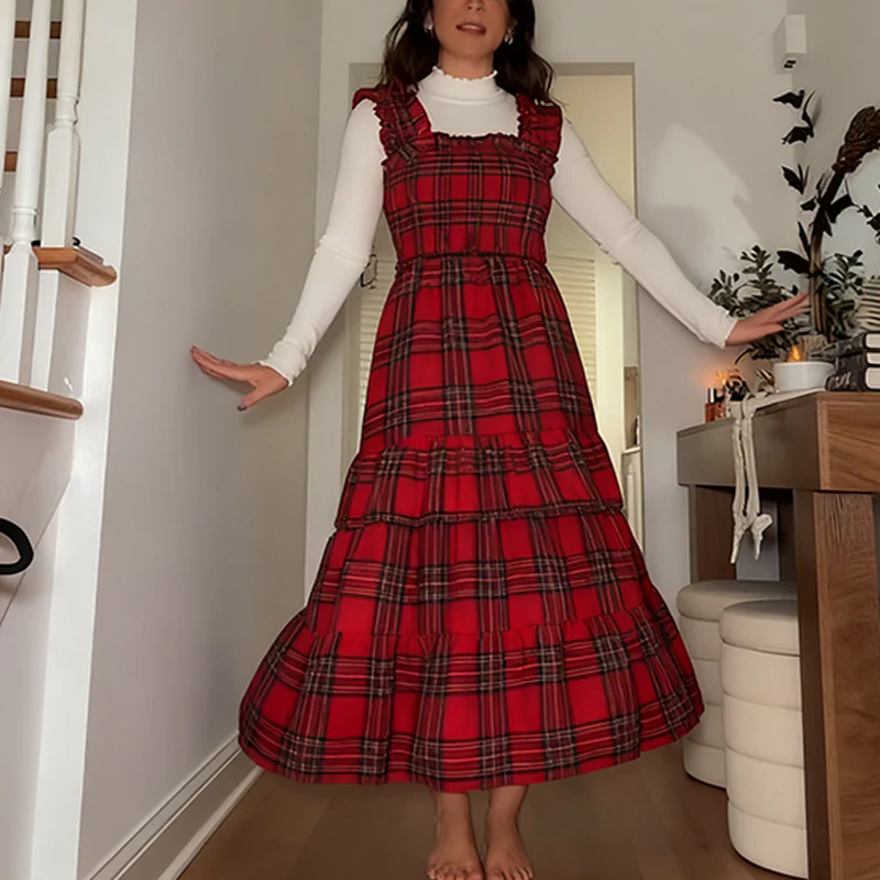📢📢60% DE RÉDUCTION !!! ✨Robe chic à volants et bretelles spaghetti à carreaux pour femmes - Image 2