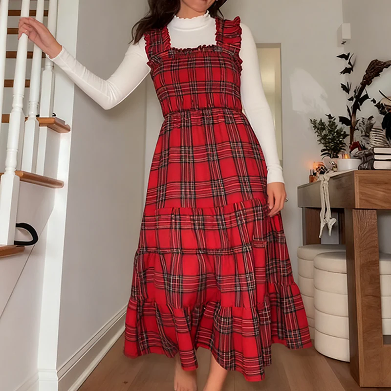 📢📢60% DE RÉDUCTION !!! ✨Robe chic à volants et bretelles spaghetti à carreaux pour femmes - Image 3