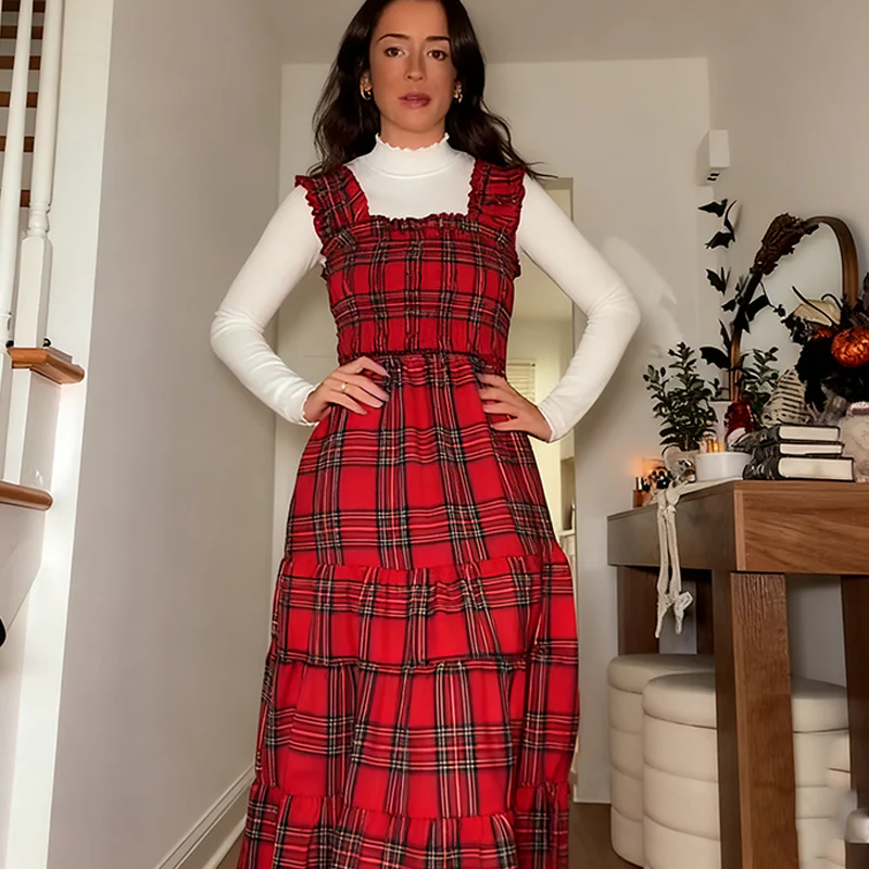 📢📢60% DE RÉDUCTION !!! ✨Robe chic à volants et bretelles spaghetti à carreaux pour femmes - Image 4
