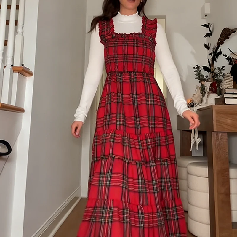 📢📢60% DE RÉDUCTION !!! ✨Robe chic à volants et bretelles spaghetti à carreaux pour femmes - Image 5