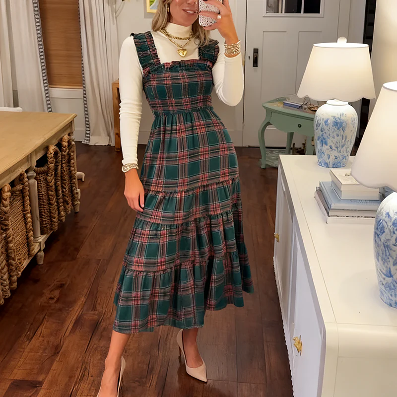 📢📢60% DE RÉDUCTION !!! ✨Robe chic à volants et bretelles spaghetti à carreaux pour femmes - Image 6