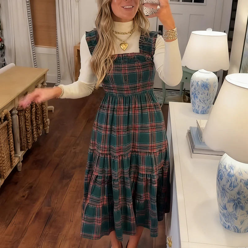 📢📢60% DE RÉDUCTION !!! ✨Robe chic à volants et bretelles spaghetti à carreaux pour femmes - Image 8