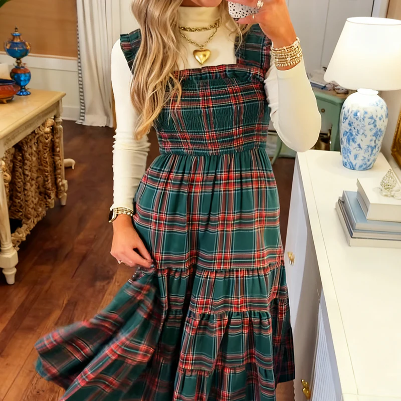 📢📢60% DE RÉDUCTION !!! ✨Robe chic à volants et bretelles spaghetti à carreaux pour femmes - Image 9