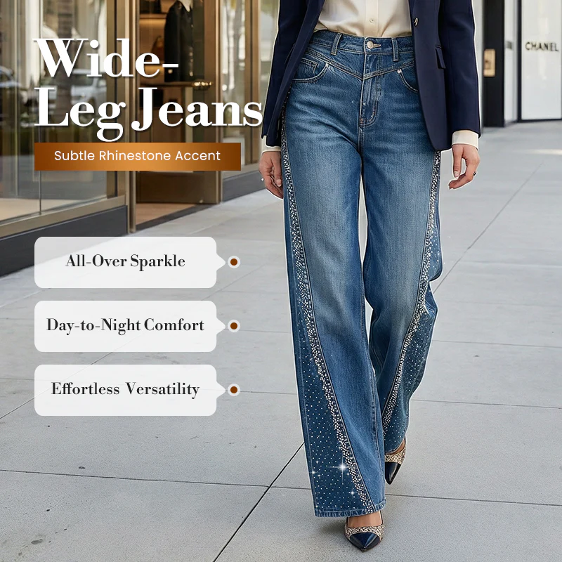 🎉60% DE RÉDUCTION ! ✨ Jean Large à Jambes Larges pour Femme avec Strass – Élégance, Confort & Silhouette Allongée ! 👖🔥