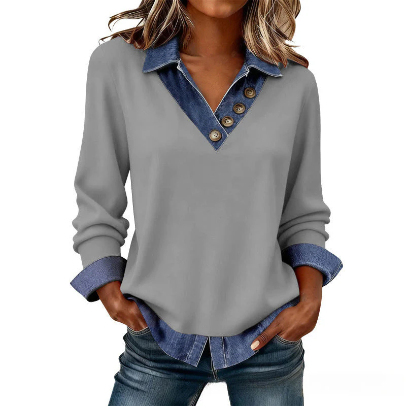 📢📢60 % de réduction !! ⏰Haut deux pièces pour femme en denim patchwork avec col en simili cuir - Image 2