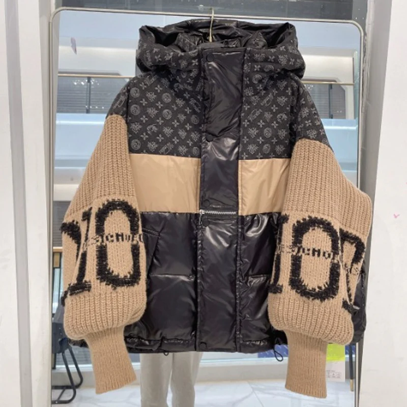 🔥Pré-réchauffement hivernal - Remises énormes🔥Blouson bouffant à capuche à manches en tricot patchwork pour femme - Image 12
